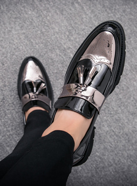 金色男鞋银色休闲鞋蓝色潮鞋英伦潮流一脚蹬懒人男士皮鞋46大码