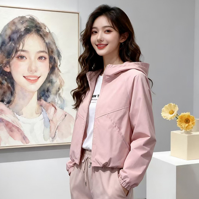 春秋女外套短款2026年新款韩版宽松长袖时尚连帽防风夹克开衫上衣