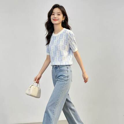 大码女装80斤-200斤冰丝针织短袖t恤夏季新款时尚通勤百搭上衣女