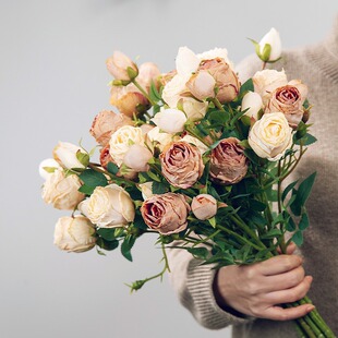 仿真花5头焦边玫瑰复古绢花 家居婚庆装饰假花干花花束高级感布置