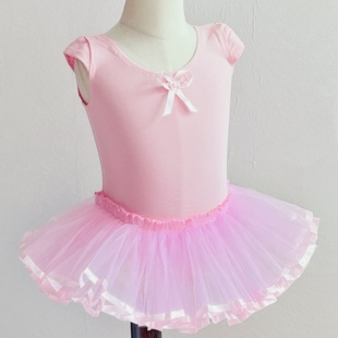 专业供应儿童舞蹈连体服小盖袖纱裙少儿芭蕾舞练功衣裙粉红蓝黄色