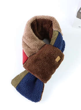 出口日本秋冬季男女围巾羽丝绒加厚保暖交叉围脖拼色户外防风脖套