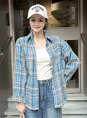 雅格红蓝色格子衬衫女春秋2025年新款复古内搭叠穿宽松外套上衣