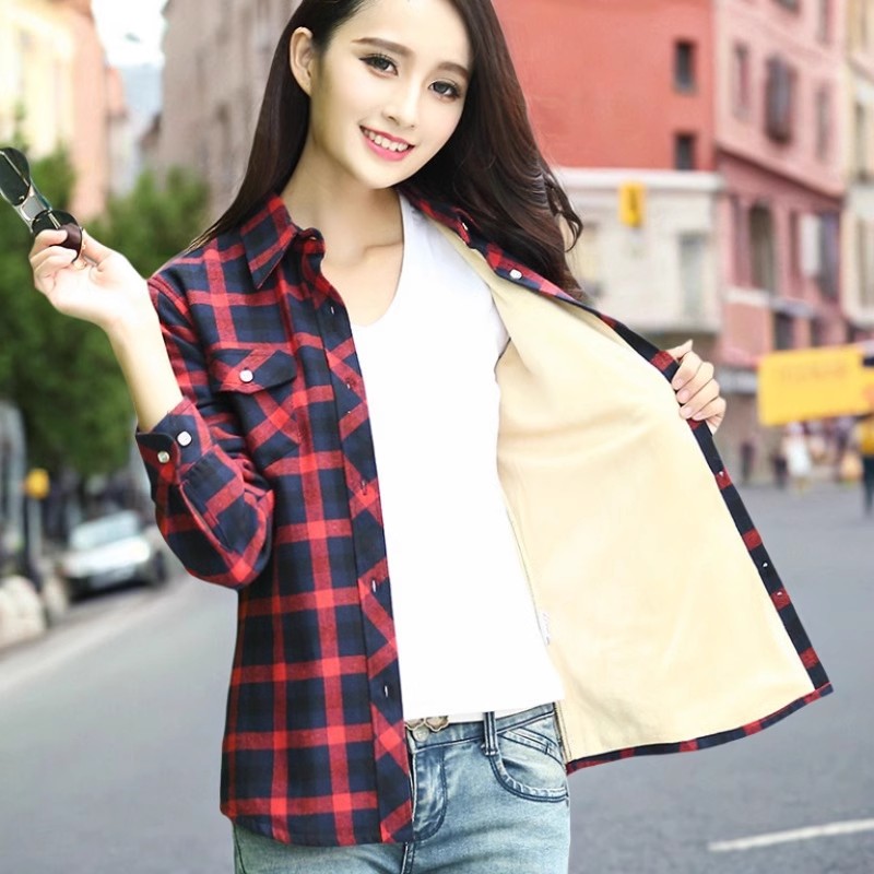 加厚保暖格子修身大码外套打底衫