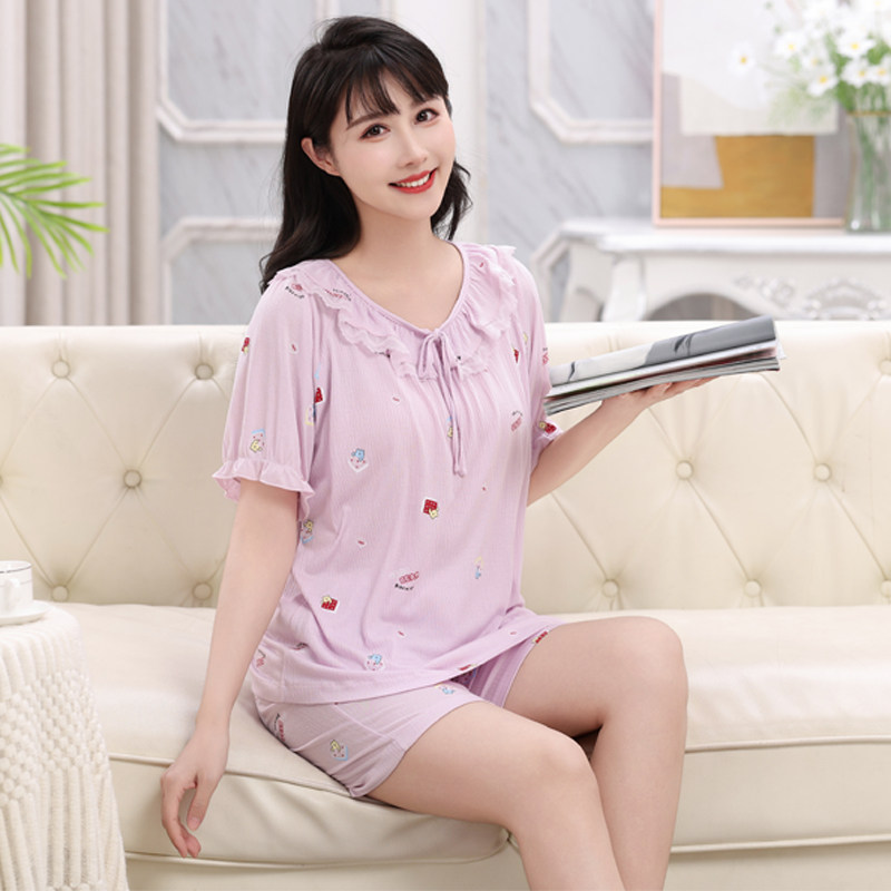 中年妈妈睡衣女士夏季纯棉短袖五分裤薄款大码宽松套头家居服套装