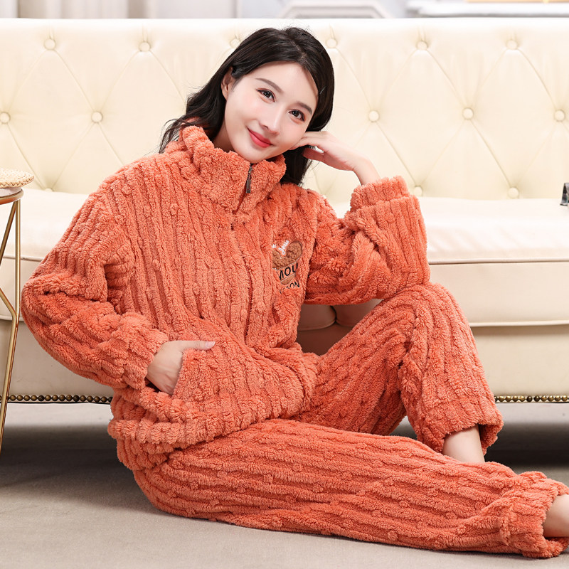 冬季加厚款珊瑚绒睡衣女家居服加绒法兰绒长袖套头拉链女士套加厚