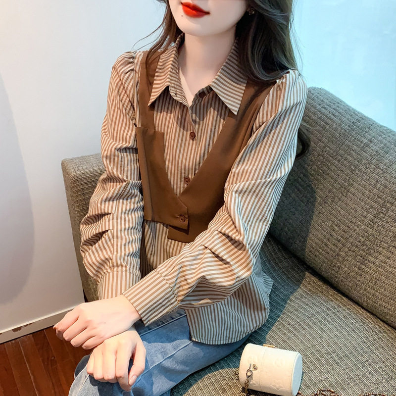 实拍秋季新款欧货百搭拼接竖条纹衬衫女长袖时尚马甲假两件潮