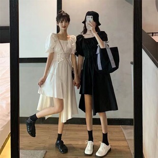 赫本风不规则泡泡袖子新款春夏ins超仙学生显瘦森系连衣裙潮