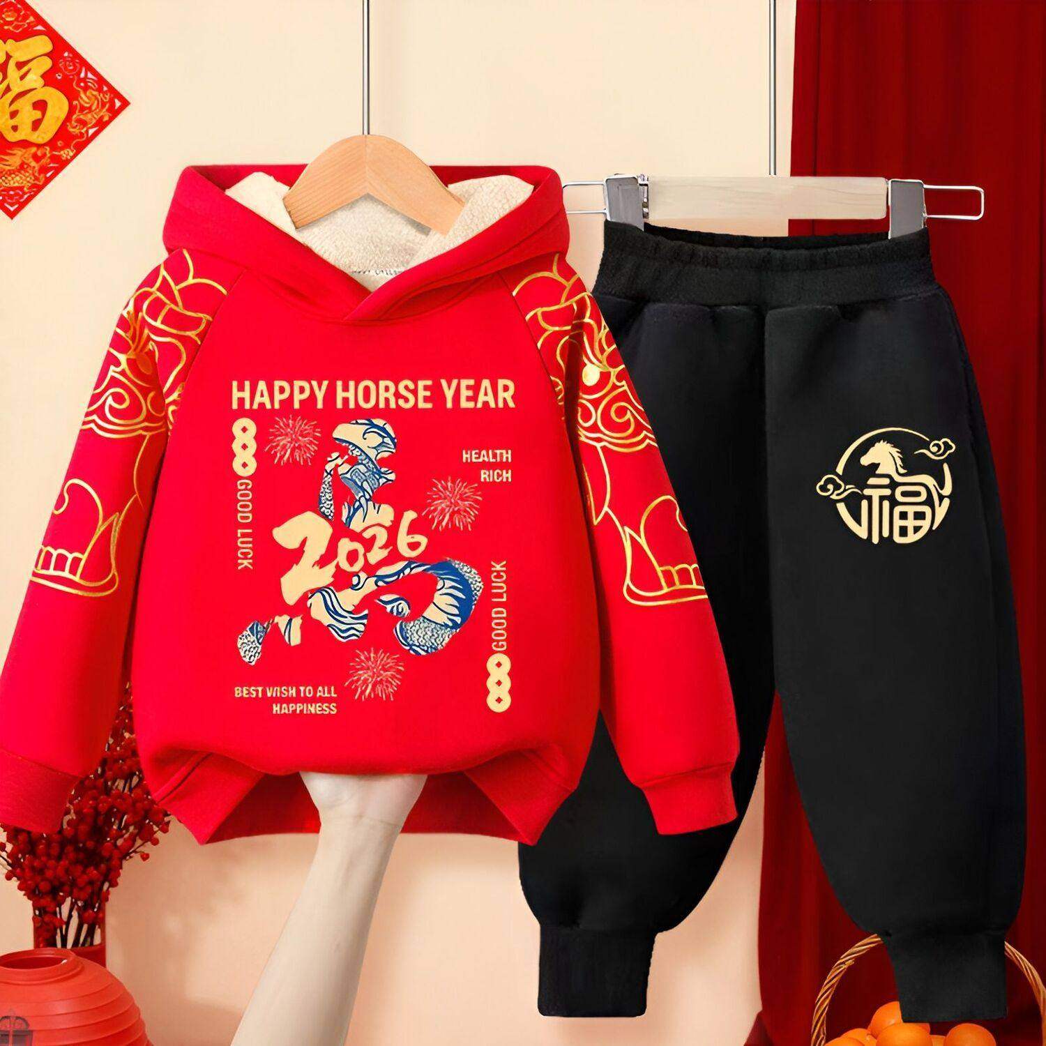 男童过年喜庆拜年服套装2026马年女童红色加绒连帽卫衣卫裤两件套