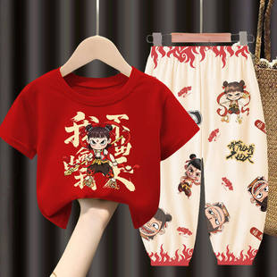 男童夏装纯棉套装2025新款中国风中小童哪吒短袖儿童防蚊裤两件套