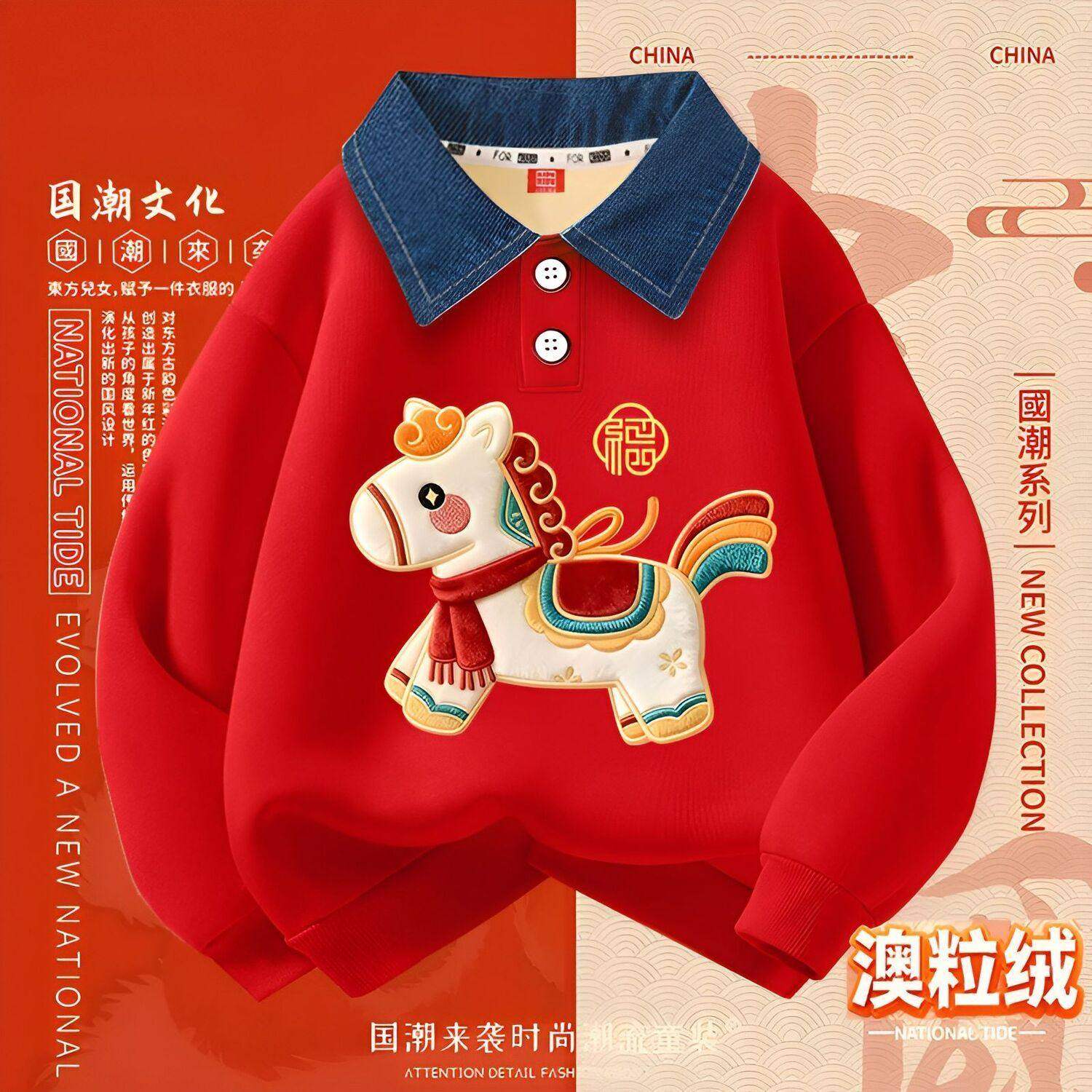 儿童加绒牛仔领上衣冬季2026新款国风马年新年套头衫男女孩拜年服,童装/婴儿装/亲子装,儿童POLO衫,淘宝优惠券,粉丝福利购,淘宝优惠卷