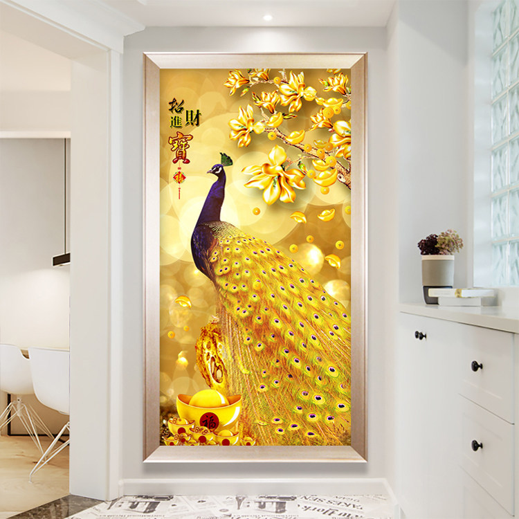钻石画满钻5D十字绣2025新款招财进宝客厅竖版玄关孔雀富贵砖石秀