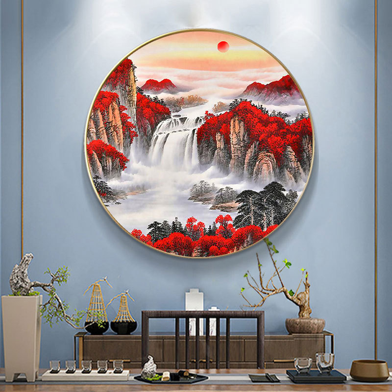 十字绣2023新款线绣客厅鸿运当头圆形中式山水风景画自己绣手工