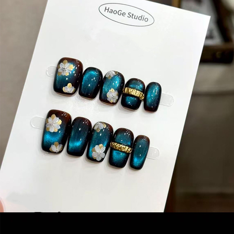 【蓝韵金箔】棕金花朵猫眼手工穿戴甲长短款显白高级气质美甲贴片,彩妆/香水/美妆工具,穿戴甲/甲片,淘宝优惠券,粉丝福利购,淘宝优惠卷
