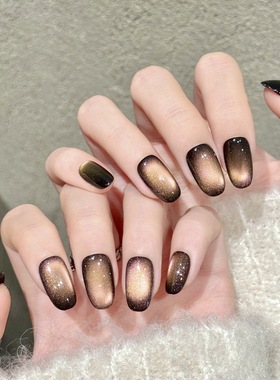 棕调渐变手工穿戴甲复古碎闪柔亮质感格调