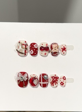 纯手工穿戴甲高级感新年红色小马短款美甲片可爱豆豆甲假指甲贴片