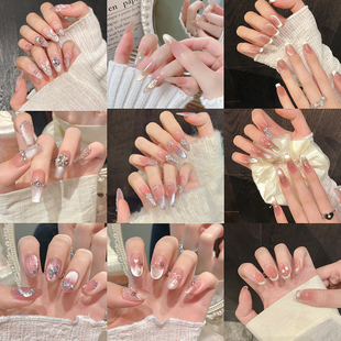纯欲风【合集】手工穿戴甲轻奢裸色高级感美甲贴片中长短款猫眼甲