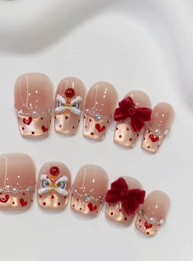 新年醒狮美甲猫眼纯手工穿戴甲精品短款显白成品美甲贴片假指甲片