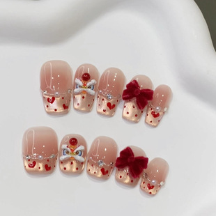 新年醒狮美甲猫眼纯手工穿戴甲精品短款显白成品美甲贴片假指甲片