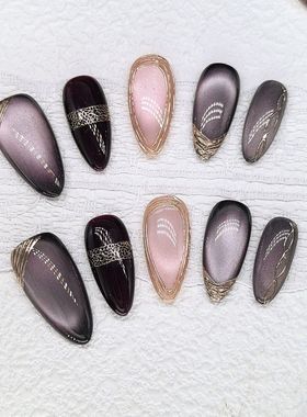 【埃及艳后】高级轻奢美甲纯手工复古显白紫色猫眼杏仁款穿戴甲