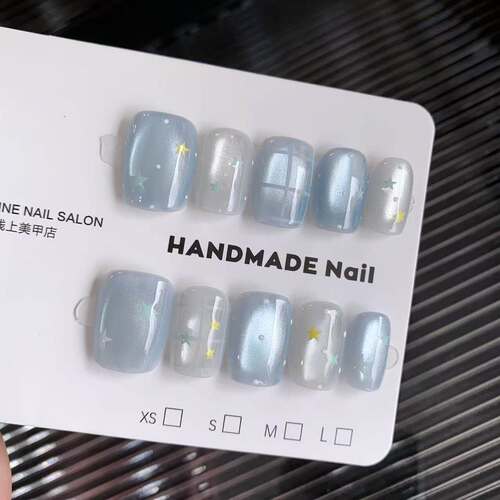 E1056雾蓝猫眼纯手工穿戴甲
