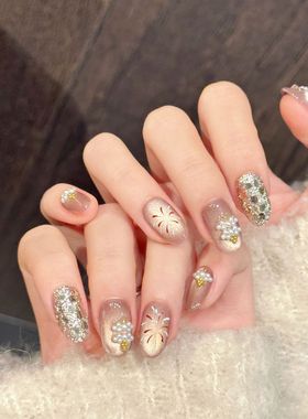 原创【 金箔灵瞳】纯手工穿戴甲 香槟色爆闪烟花珍珠美甲贴片