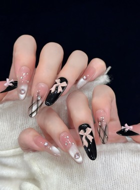 【公主格纹】黑色法式蝴蝶结贴钻渐变猫眼美甲纯手工穿戴甲中长款