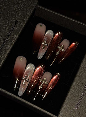 【血红魅惑】克罗心红色猫眼纯手工穿戴甲长款美甲贴片假指甲