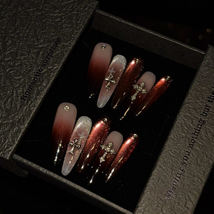 【血红魅惑】克罗心红色猫眼纯手工穿戴甲长款美甲贴片假指甲