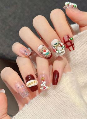 纯手工穿戴甲缤纷圣诞主题联名系列红色氛围节日手工美甲装饰