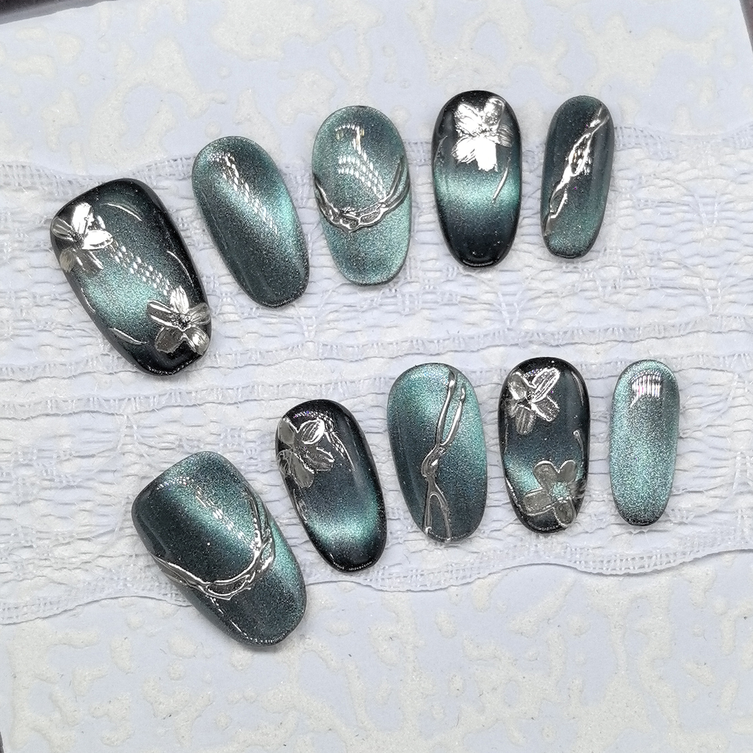 原创【玉荷塘】高级中国风轻奢美甲贴片气质猫眼显白手工穿戴甲