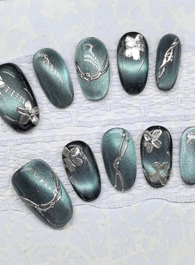 原创【玉荷塘】高级中国风轻奢美甲贴片气质猫眼显白手工穿戴甲