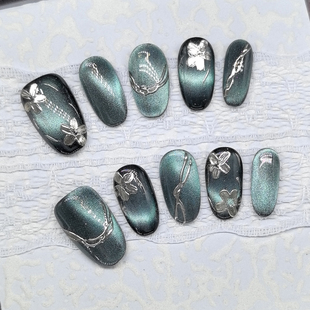 原创【玉荷塘】高级中国风轻奢美甲贴片气质猫眼显白手工穿戴甲