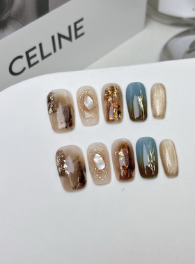 手工穿戴甲纯手作中款新中方甲片高级感晕染美甲贴高端精品假指甲