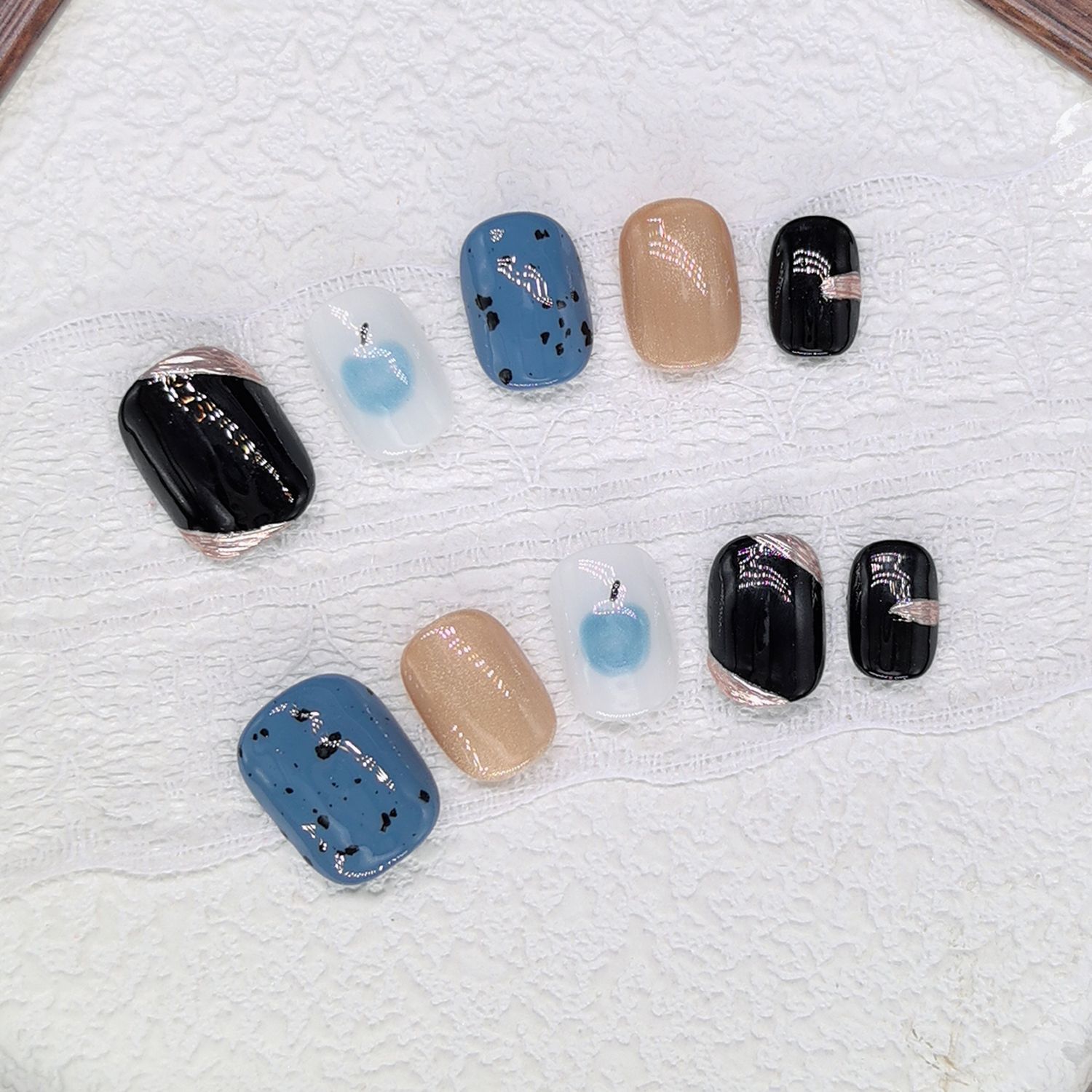 原创【青苹果】小众中性风蓝黑色系美甲纯手工短款猫眼穿戴甲贴片