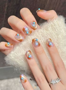 原创【橘蓝幻钻】橘蓝晕染猫眼钻饰纯手工穿戴甲氛围感美甲片