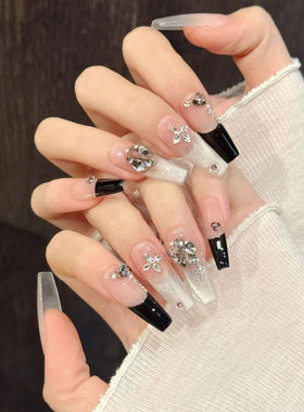 莉丝梦境纯欲温柔风黑色猫眼细闪紫色K9钻法式边穿戴甲