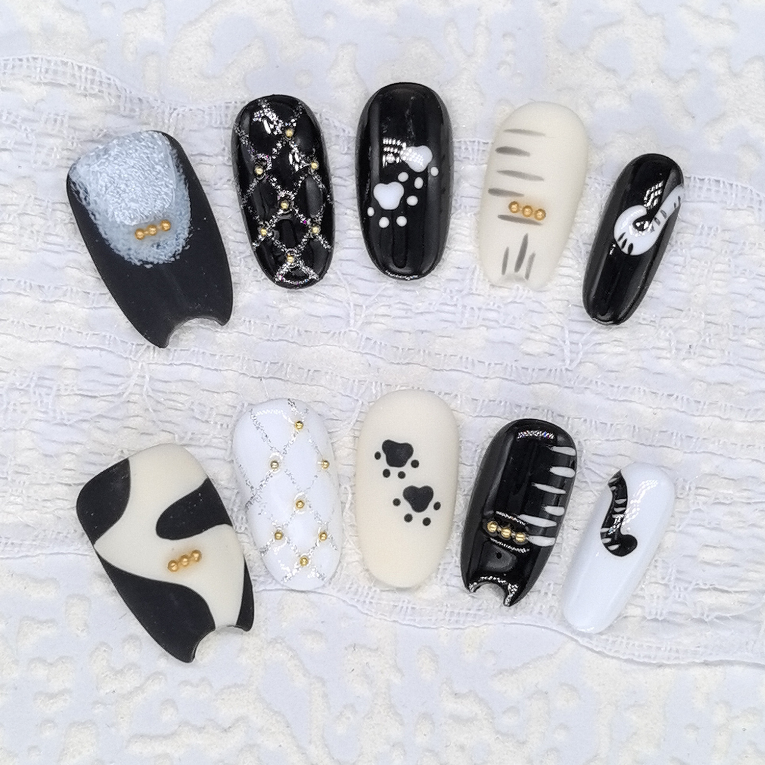 兔哥原创【奶牛猫】爆款高级黑白奶油招财猫纯手工手绘显白穿戴甲