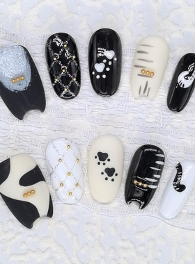 兔哥原创【奶牛猫】爆款高级黑白奶油招财猫纯手工手绘显白穿戴甲