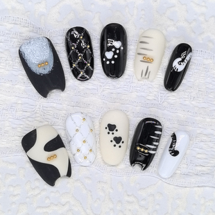 兔哥原创【奶牛猫】爆款高级黑白奶油招财猫纯手工手绘显白穿戴甲