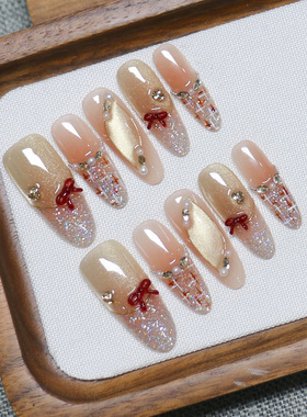 纯手工穿戴甲秋冬新款咖色蝴蝶结小香风猫眼款气质美甲贴可重复