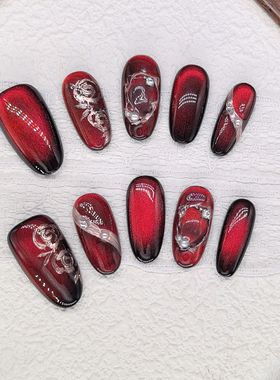 原创【玫瑰园】高级爆闪新年红手绘玫瑰花猫眼美甲显白穿戴甲