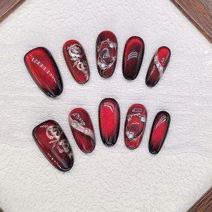 原创【玫瑰园】高级爆闪新年红手绘玫瑰花猫眼美甲显白穿戴甲