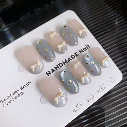 法式猫眼亮片蝴蝶结显白穿戴甲