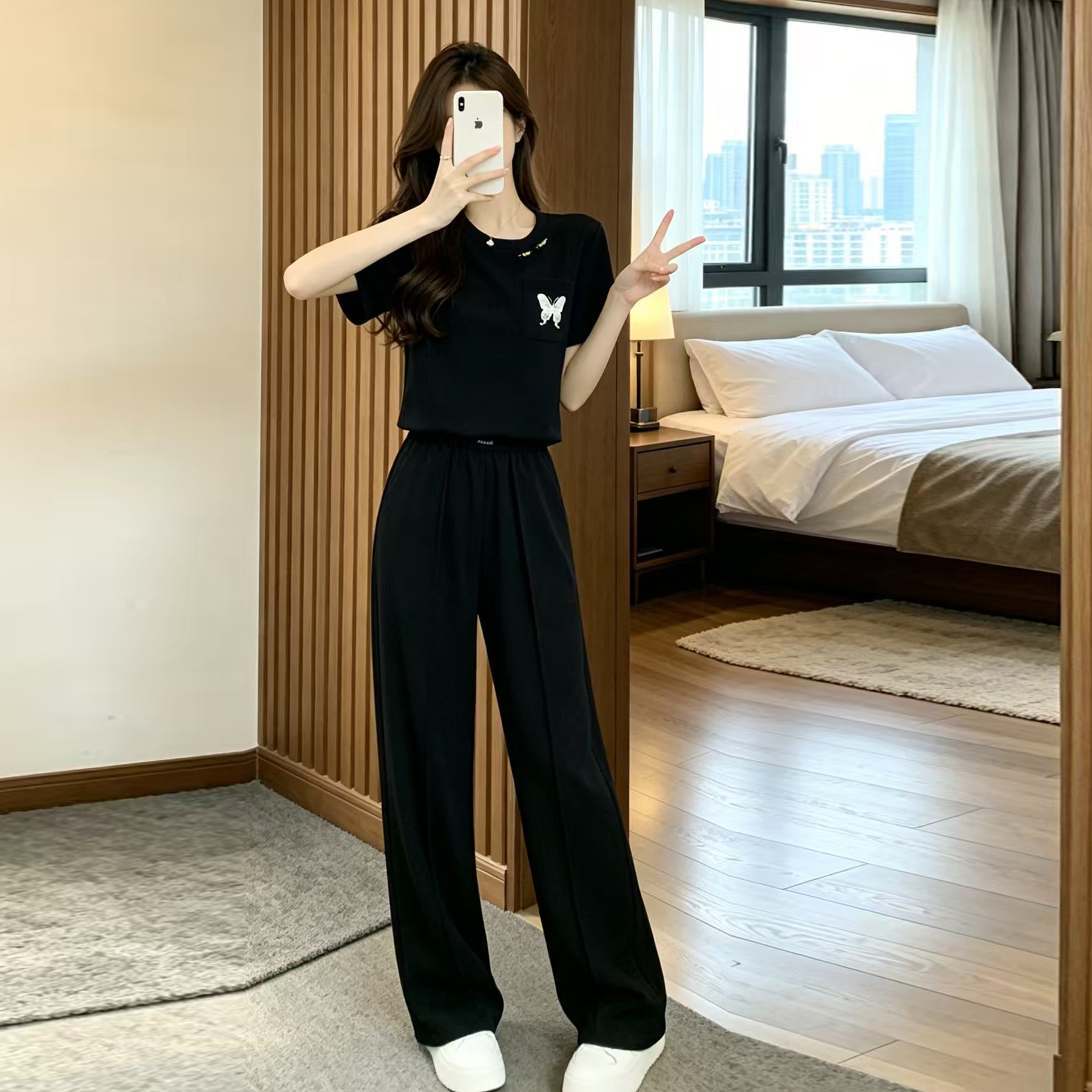 黑色休闲运动套装女夏季时尚气质洋气减龄轻国风短袖阔腿裤两件套
