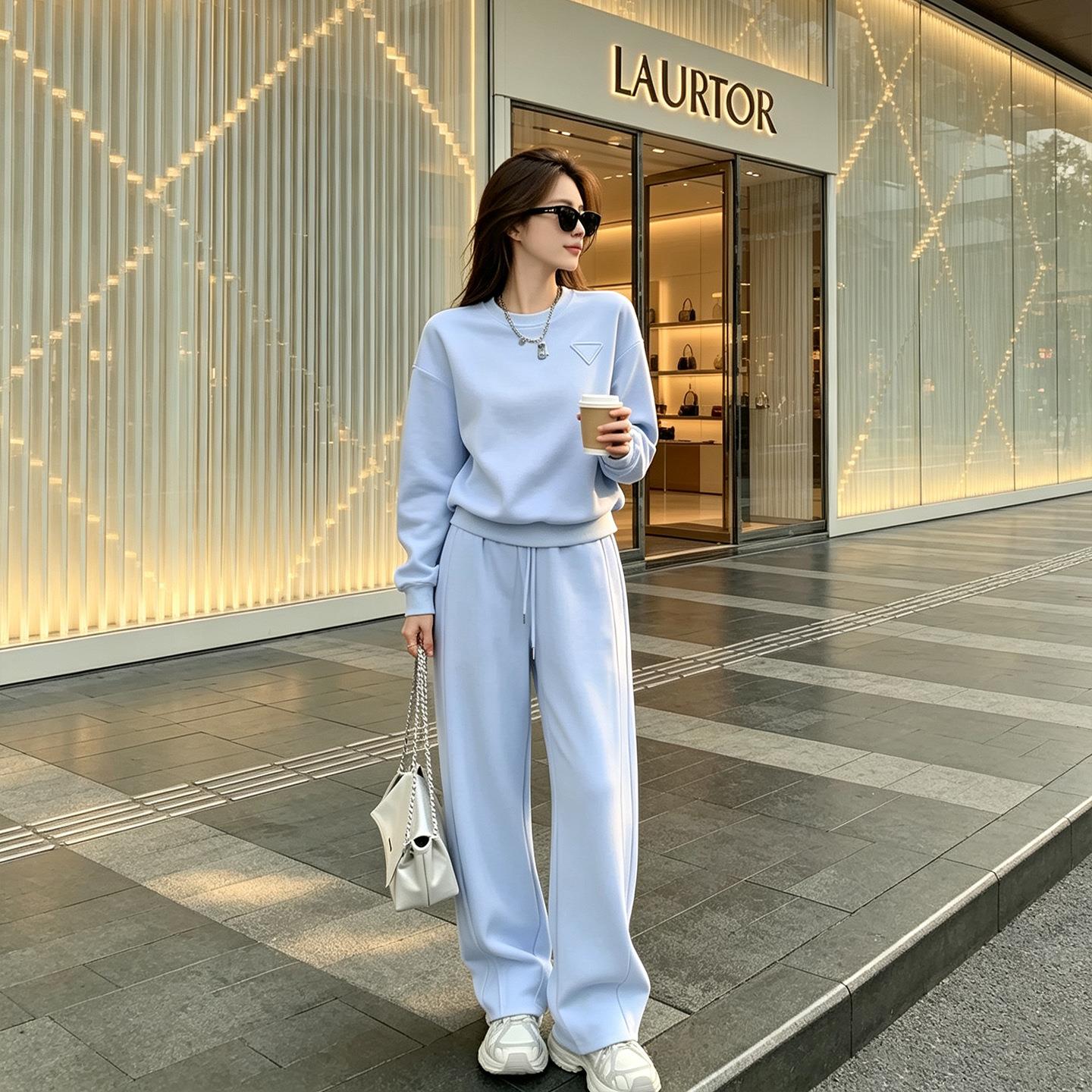 圆领卫衣垂感阔腿卫裤两件套女