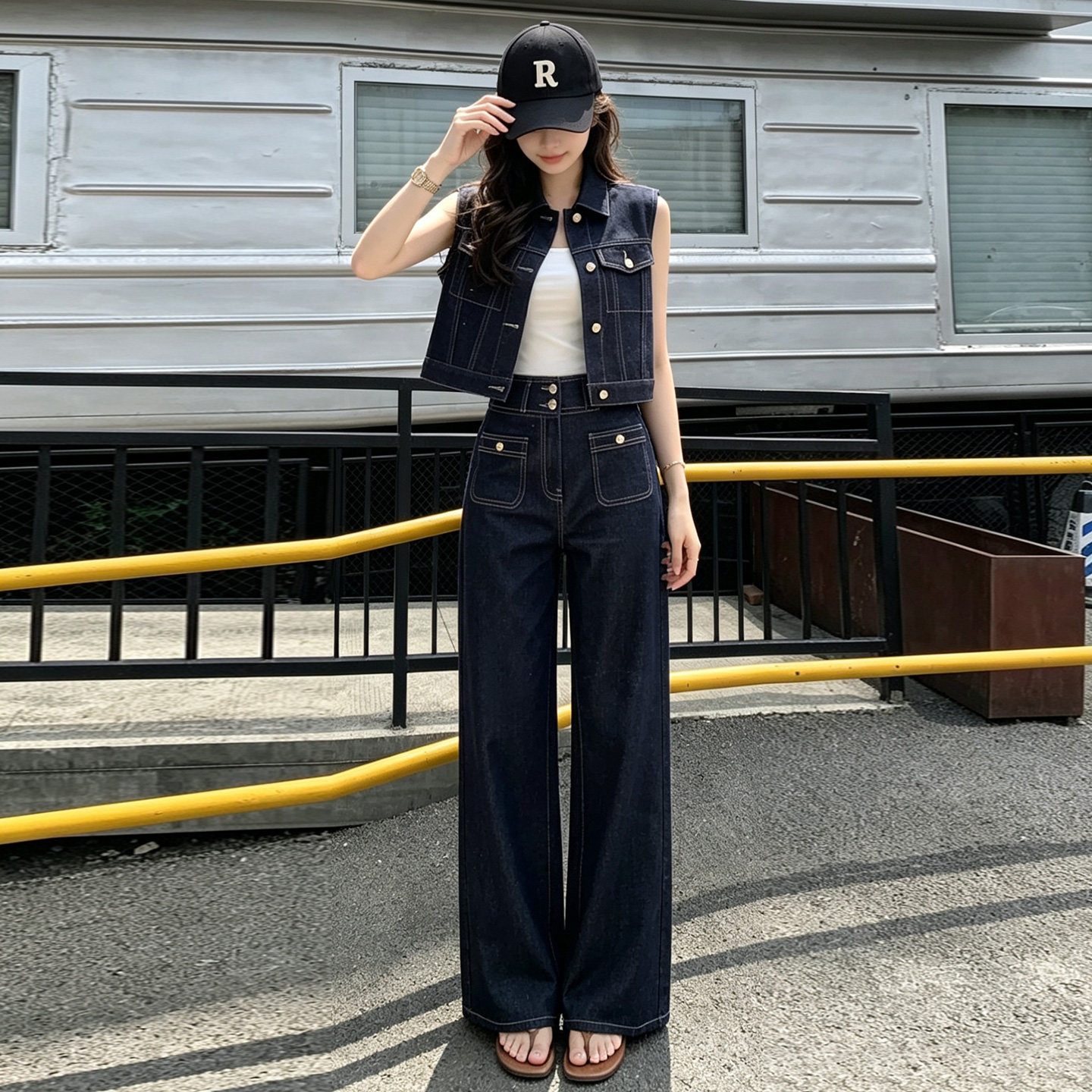 韩系复古超火牛仔套装女夏季减龄马甲外套阔腿裤休闲运动三件套潮