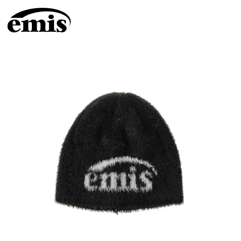 emis帽子2025新标毛绒针织帽男女黑色冷帽毛线帽防寒保暖秋冬新款