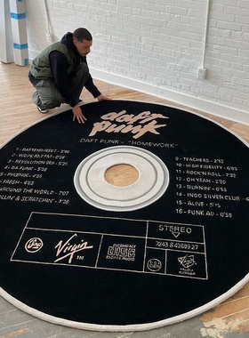 新款欧美DAFT PUNK黑胶唱片手工地毯圆形ins同款家用大客厅沙发毯