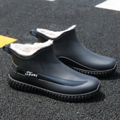 带毛秋冬防水鞋 雨鞋 男一体加绒短筒冬季 雨靴厨师厨房防滑加厚钓鱼